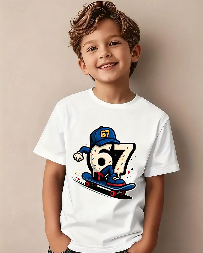 Baumwolle Kinder Jungen Schwarz Weiß Grafik Lustiger Slang 67 T-Shirt Bluse Rundhalsausschnitt Kurzarm Outdoor Alltagskleidung Mode Streetwear Designer Drucken Sommer 2026 - $14.99 –P2