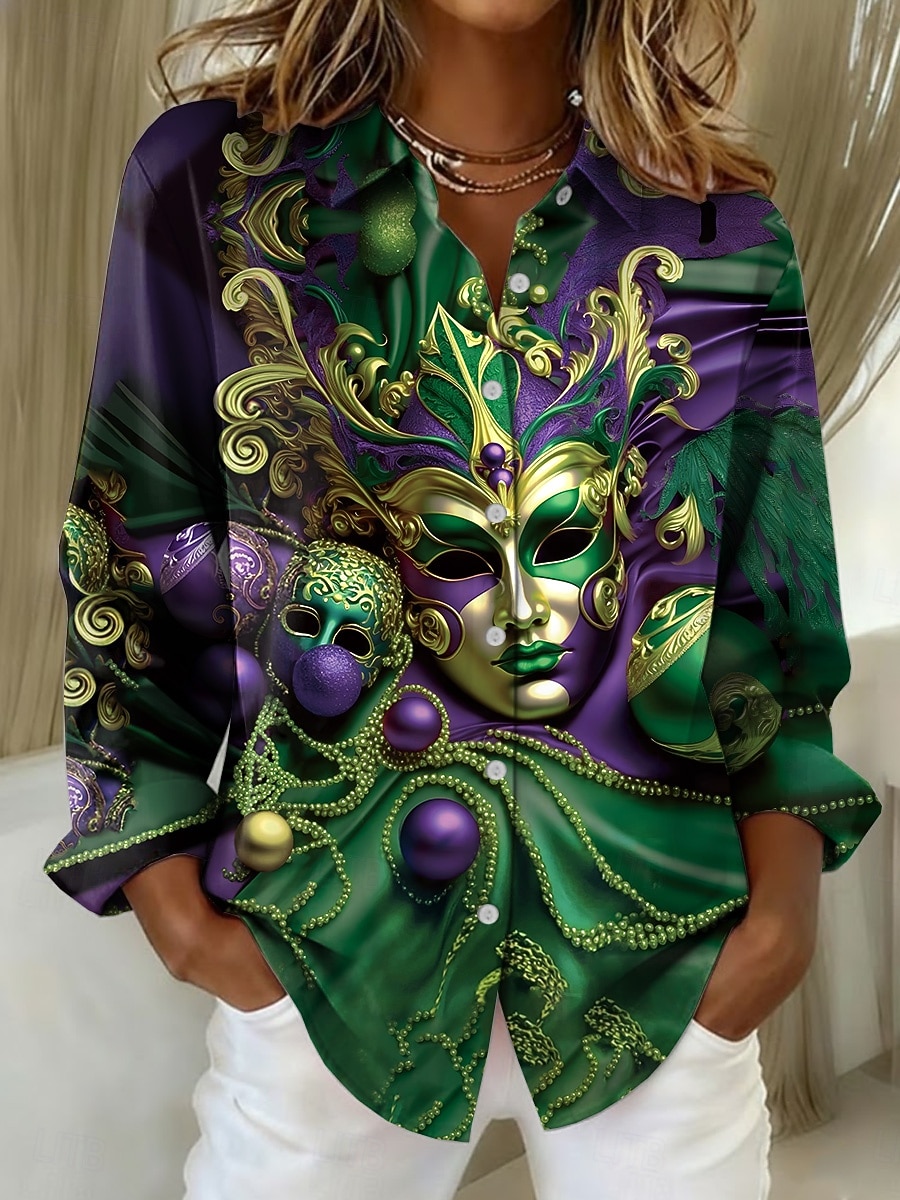 Karnival Damen Hemd Bluse Patchwork Knöpfe Druck Grafik Abstrakt Vintage Stilvoll Lässig Langarm V Ausschnitt Hemdkragen Normale Oberteile Täglich Schwarz Violett Purpur Grün Sommer Frühling Herbst 2026 - $32.99 –P1