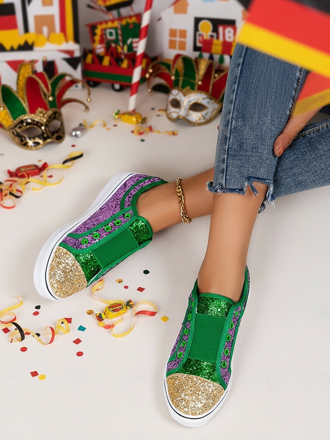 Dámské fialové třpytivé slip-on tenisky na Mardi Gras – Třpytivé boty pro hudební festivaly karnevalové párty a výrazné pouliční oblečení 2026 - $29.99 –P3