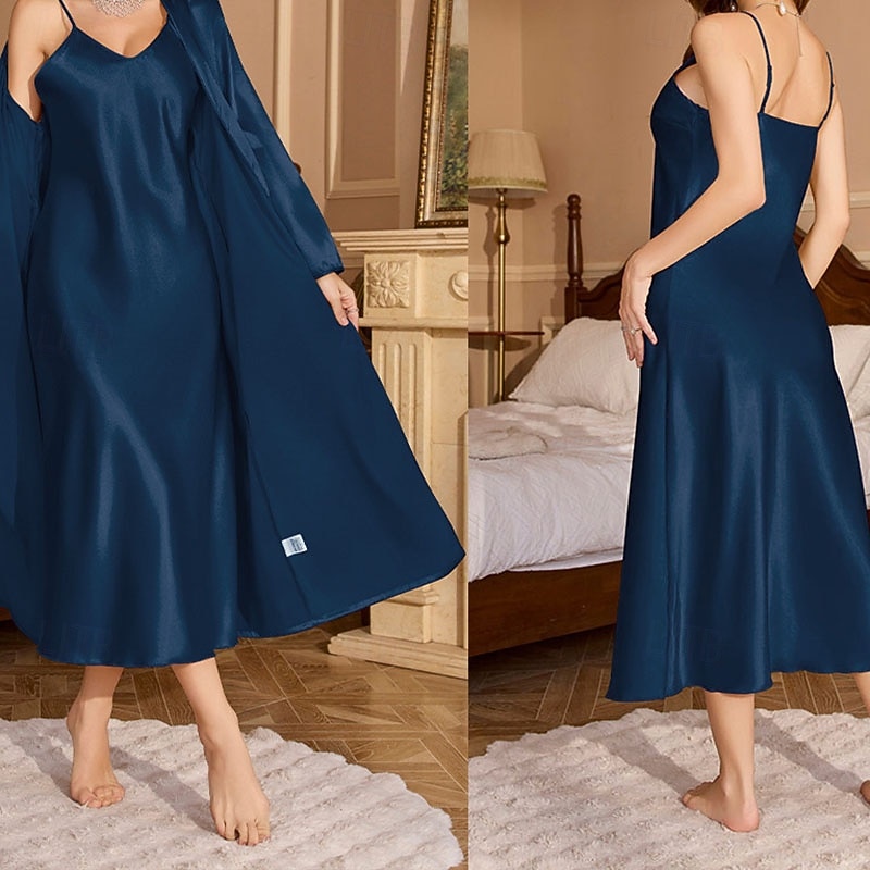 Per donna Abbigliamento da Casa Accappatoio Camicia da Notte Moda Casual Morbido Colore Puro Patchwork Vestiti Casa Vacanza Manica Lunga Scollo a V Nero Champagne Rosa Vino Blu marino Estate del 2026 a $45.99 –P5