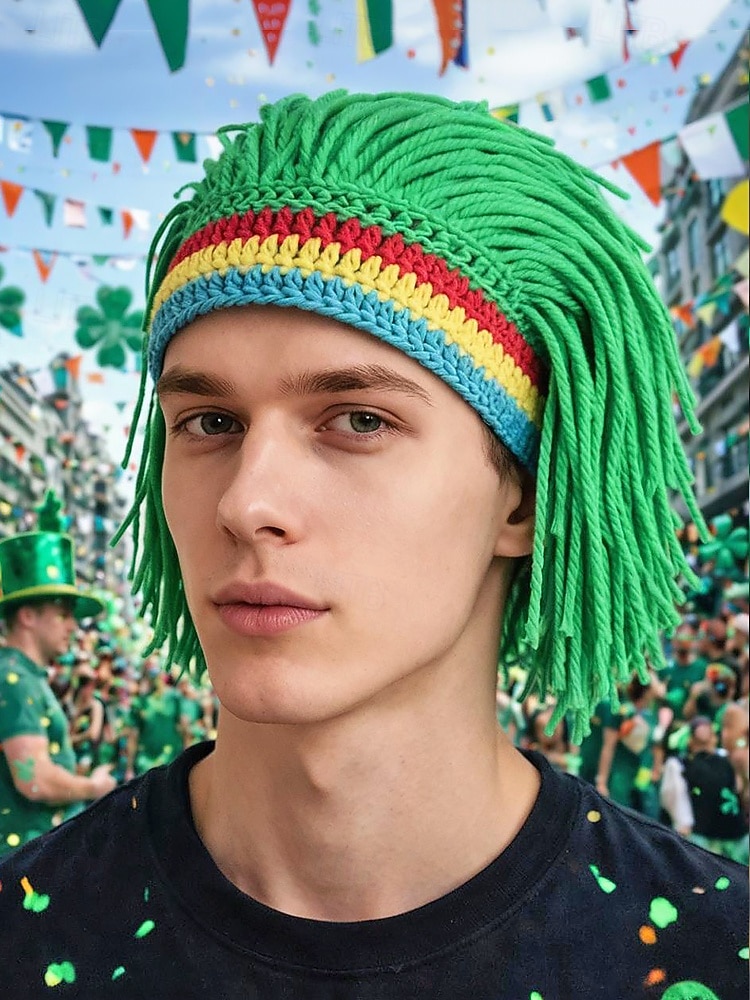 Herren-Perückenmütze aus Häkelgarn, mehrfarbiges Design mit grünen, roten und gelben Streifen, perfekt für den St. Patrick's Day und Kostümpartys 2026 - $14.99 –P3