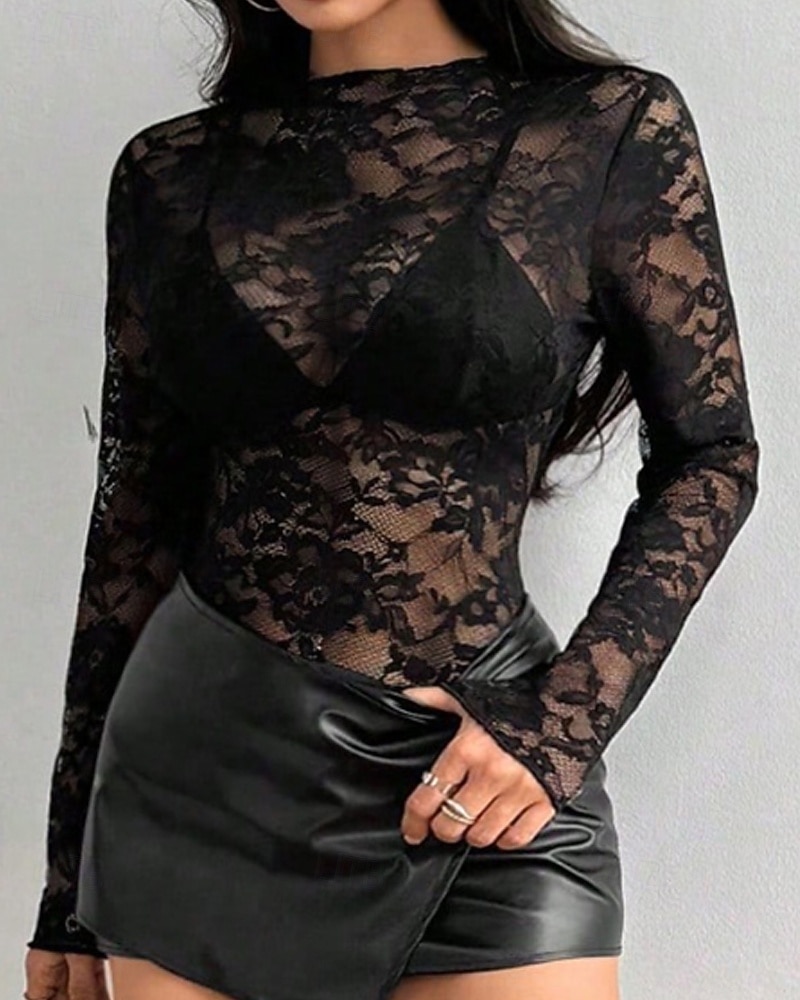 Per donna Blusa Top in pizzo Pizzo Patchwork Semplice Elegante Sexy Manica Lunga Girocollo Top Regolari Quotidiano Ferie Uscire Nero Primavera Autunno del 2026 a $15.99 –P3