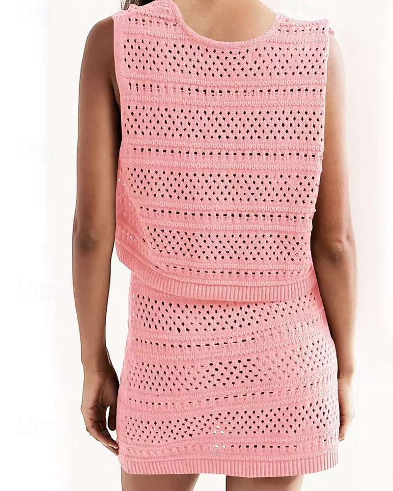 2026年 女性用 スイムウェア 2ピース スカート 水着 切り抜き ニット 旅行度假风 ビーチウェア 平織り Ｖネック ノースリーブ 水着  コレクション – $39.99 –P8