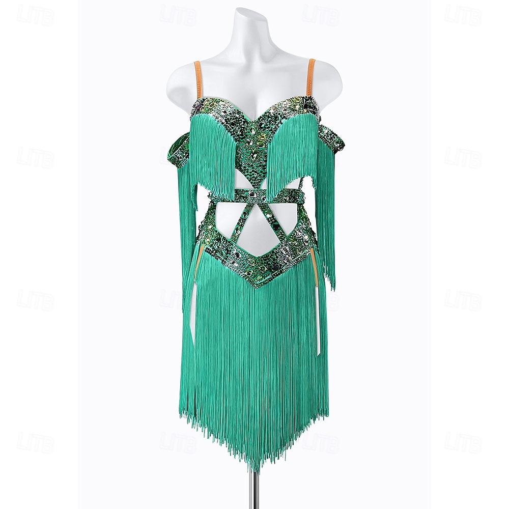 Women's Teal Green Sequin Fringe Latin Dance Dress - Cold Shoulder Cutout  Asymmetrical Ballroom Performance Costume 2026 - $336.69