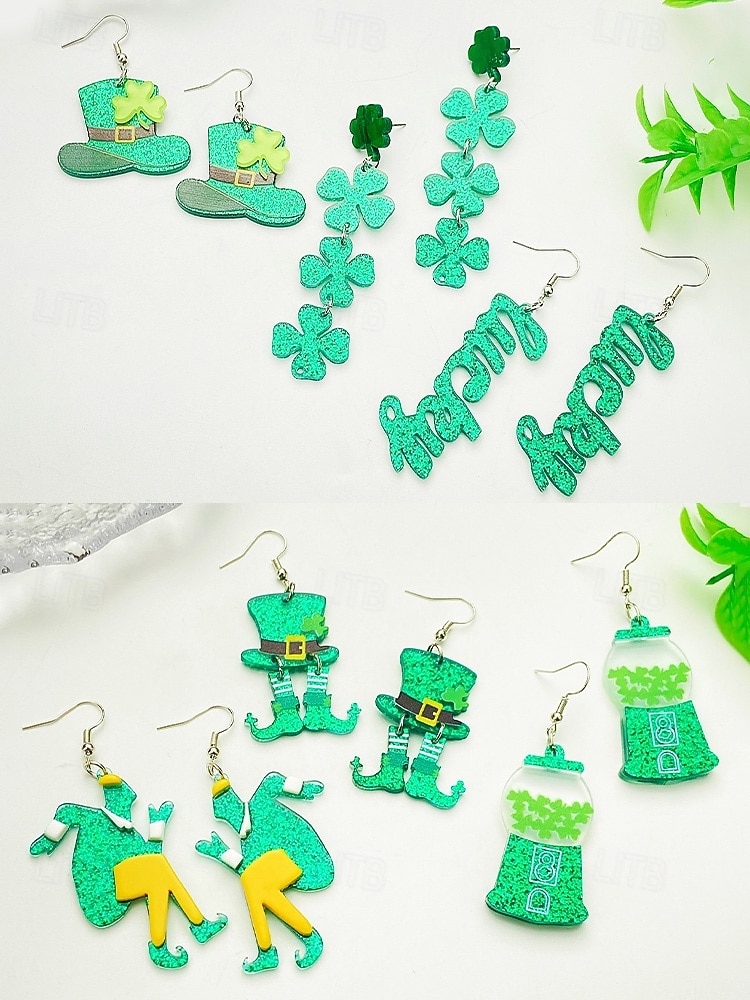 Boucles d'oreilles trèfle en acrylique pour femmes, idéales pour la Saint-Patrick. Modèle léger à paillettes, plusieurs styles disponibles sur le thème du trèfle et de l'Irlande, parfaites pour les défilés, les fêtes, les événements et les célébrations. de 2026 ? $7.99 –P8