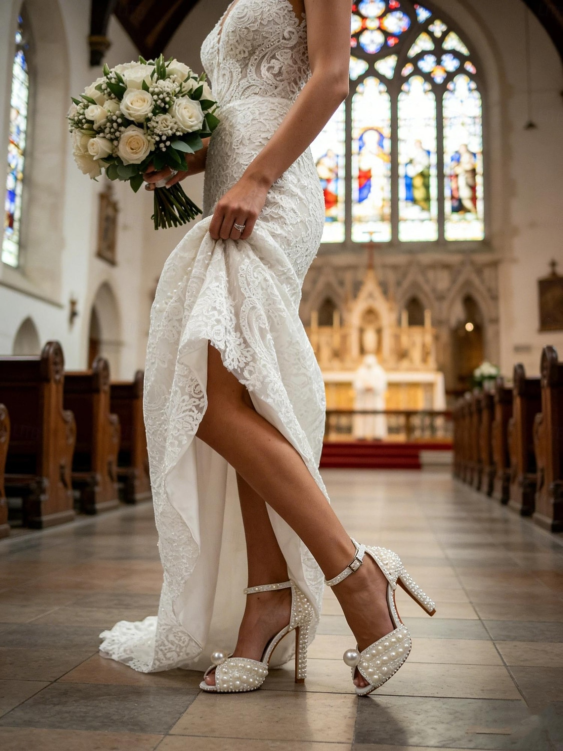 женские туфли на шпильке, украшенные жемчугом — элегантные свадебные туфли с ремешком на щиколотке и открытым носком 2026 - $69.99 –P1