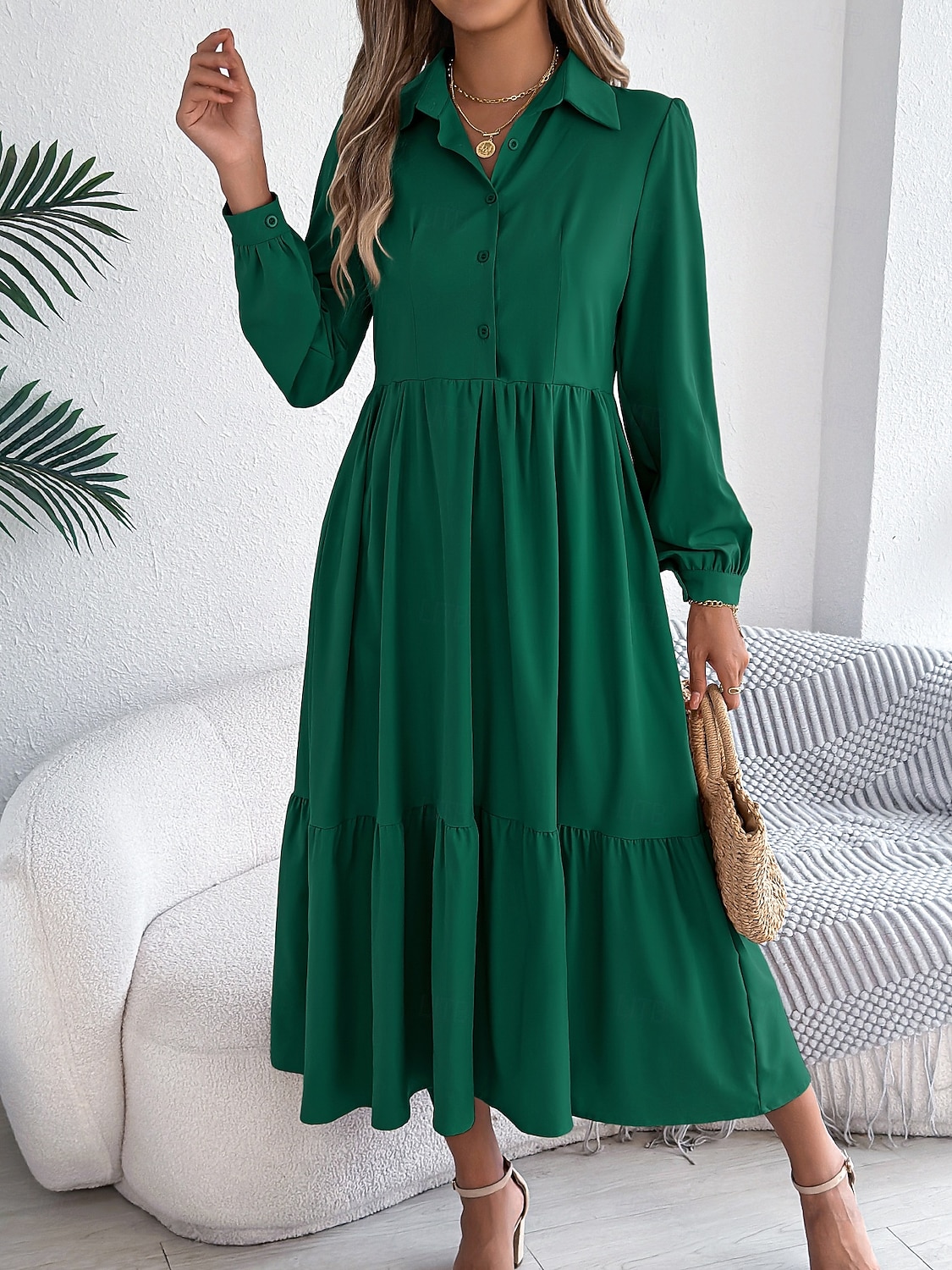 Women's Midi Dress A Line Dress Casual Daily Regular Fit Plain Long Sleeve Lapel Blue Navy Wine Green Spring 2026 - $36.99 –P16
