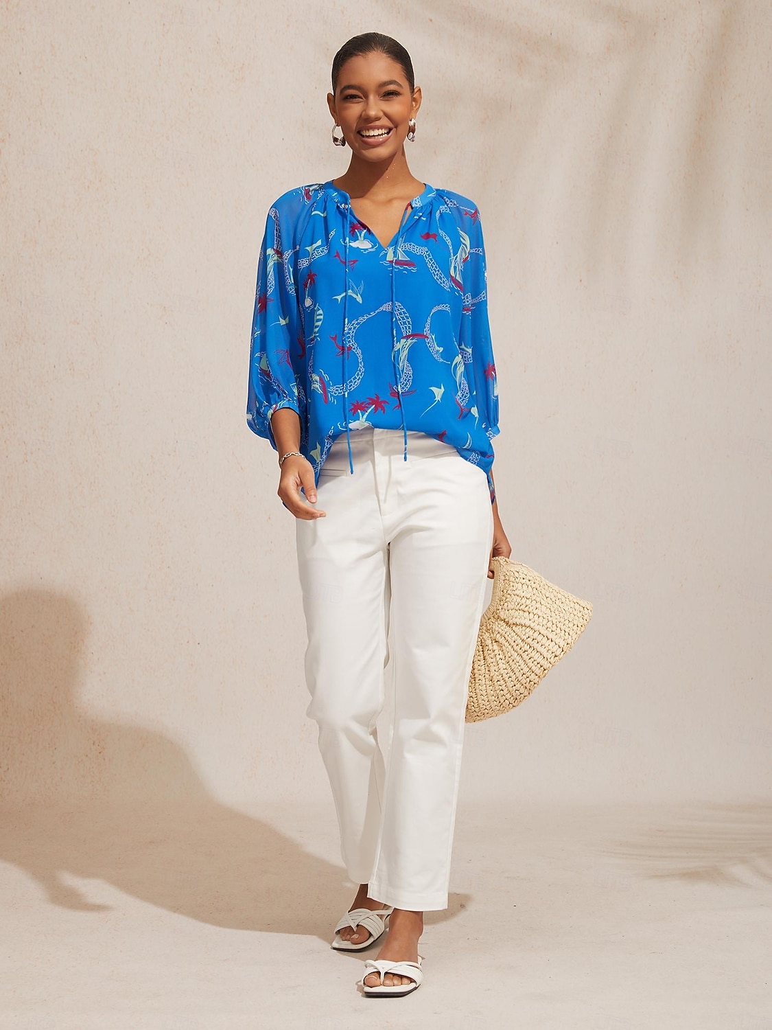 2026年 バケーション オーシャン エレメント プリント ルーズ シフォン ショート トップス  コレクション – $18.99 –P1