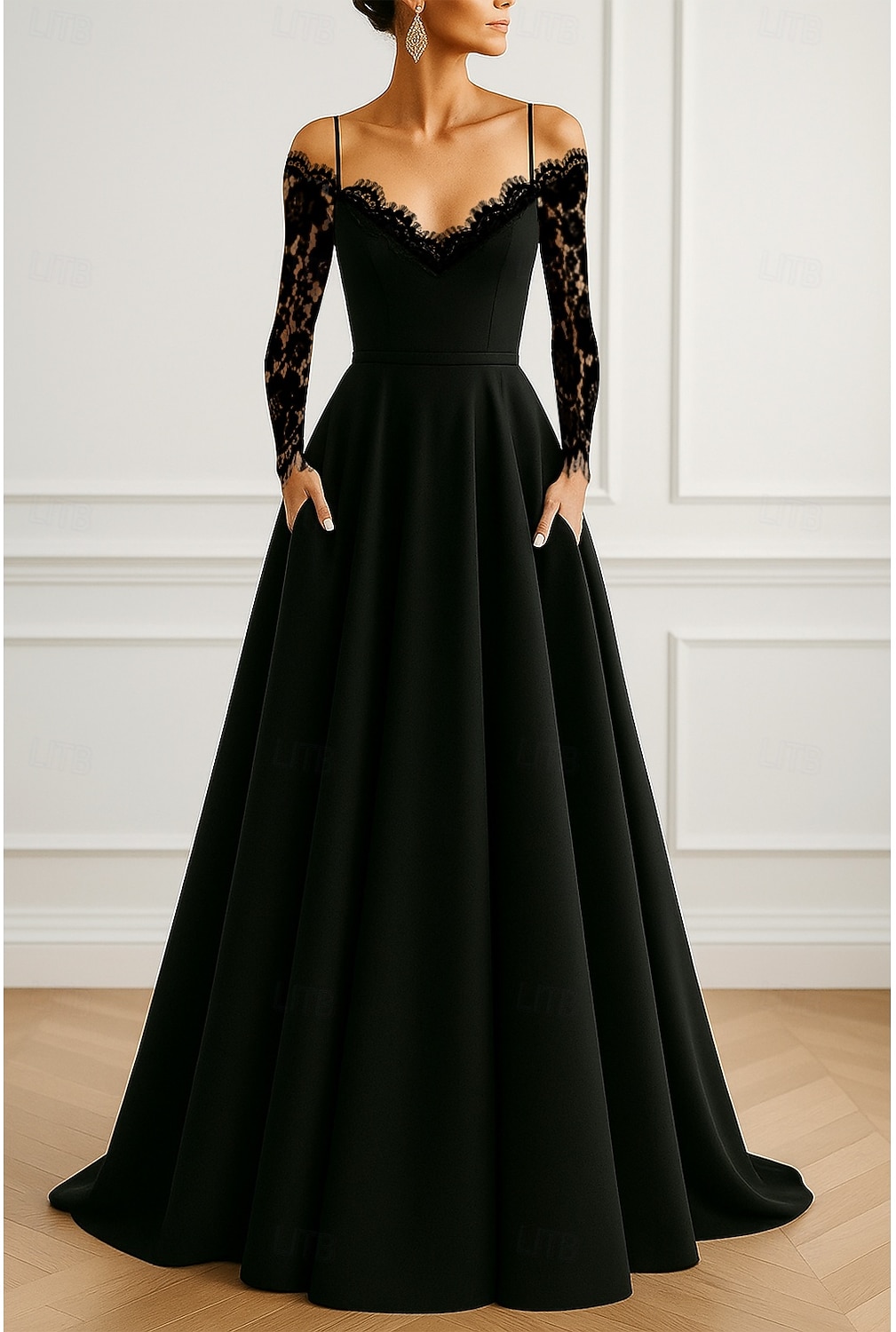 A-Line Floor Length Evening Gown Ball Gown Formal Dress Elegant Black Dress Silky Long Sleeve Off Shoulder Wedding Formal Capes Satin Lace with Pocket 2026 - $171.99 –P1