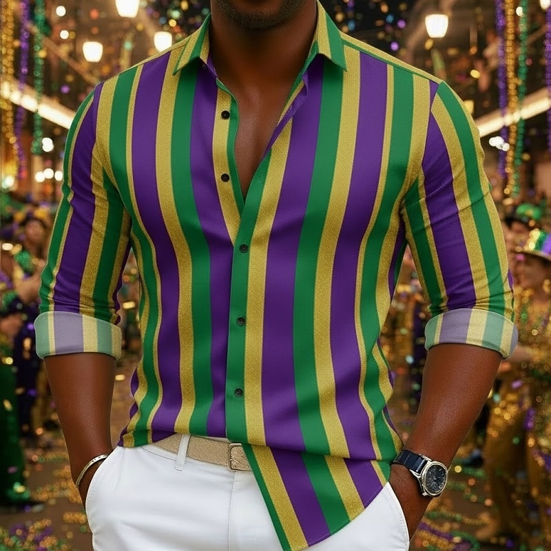 Carnevale Per uomo Grafico A righe Camicia Camicia button-down Camicia da Spiaggia Manica Lunga Hawaiano Casual Confortevole Vacanza Ferie Martedì grasso Estate Primavera Collo ripiegato Stampa Viola del 2026 a $27.99 –P1