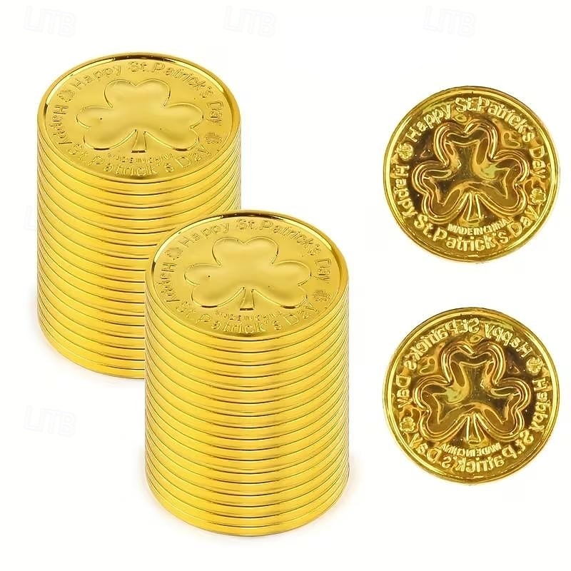 100 monedas de oro para el Día de San Patricio, monedas de la suerte de oro y verde, monedas de duende de trébol de plástico, moneda de trébol de 3 hojas para decoración de fiestas. 2026 - $19.99 –P7