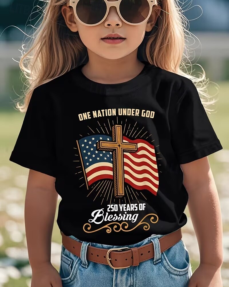 100% Cotton Kids Girls' Black Graphic Cross 250th Anniversary Kid's American US Flag T shirt Tee Crew Neck Short Sleeve Vacation Sports & Outdoor Dailywear Active Vacation Casual Printing Summer 2026 - $19.99 –P1