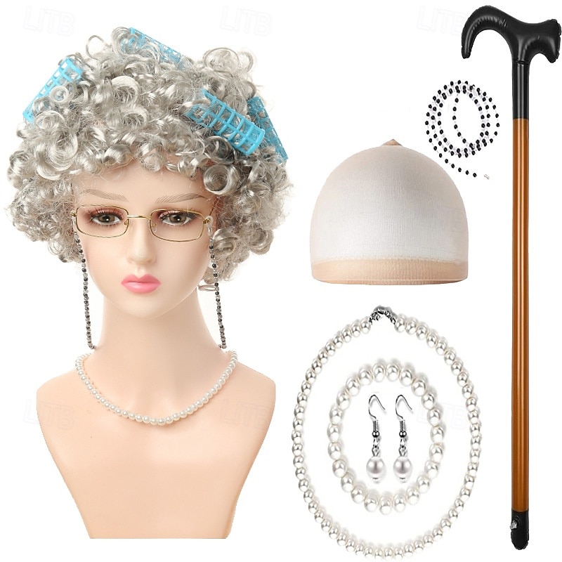 Peluca de anciana con rulos, collar de perlas, pendientes y bastón para mujeres y niñas, disfraz de abuela para cosplay de 100 días de escuela, accesorio para fiesta de Halloween 2026 - $27.99 –P4