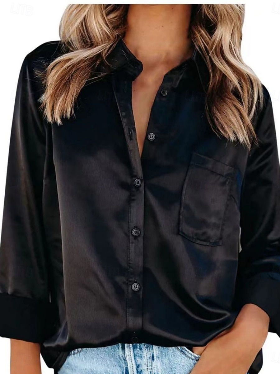 Mulheres Blusa Botões Côr Sólida Elegante Diário à moda Manga Longa Colarinho de Camisa Tops regulares Diário Azul Preto Branco Vinho Bege Verão Outono de 2026 por $24.99 –P4