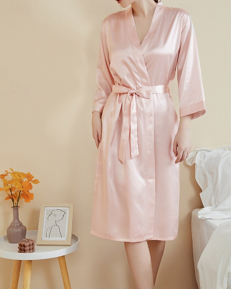 Femmes Robe Occasionnel Doux Satin Couleur Unie Quotidien Maison Lit manche longue Col en V Noir Blanche Vert Claire Rose Claire bleu marine Été Printemps Coupe régulière de 2026 ? $26.99 –P8