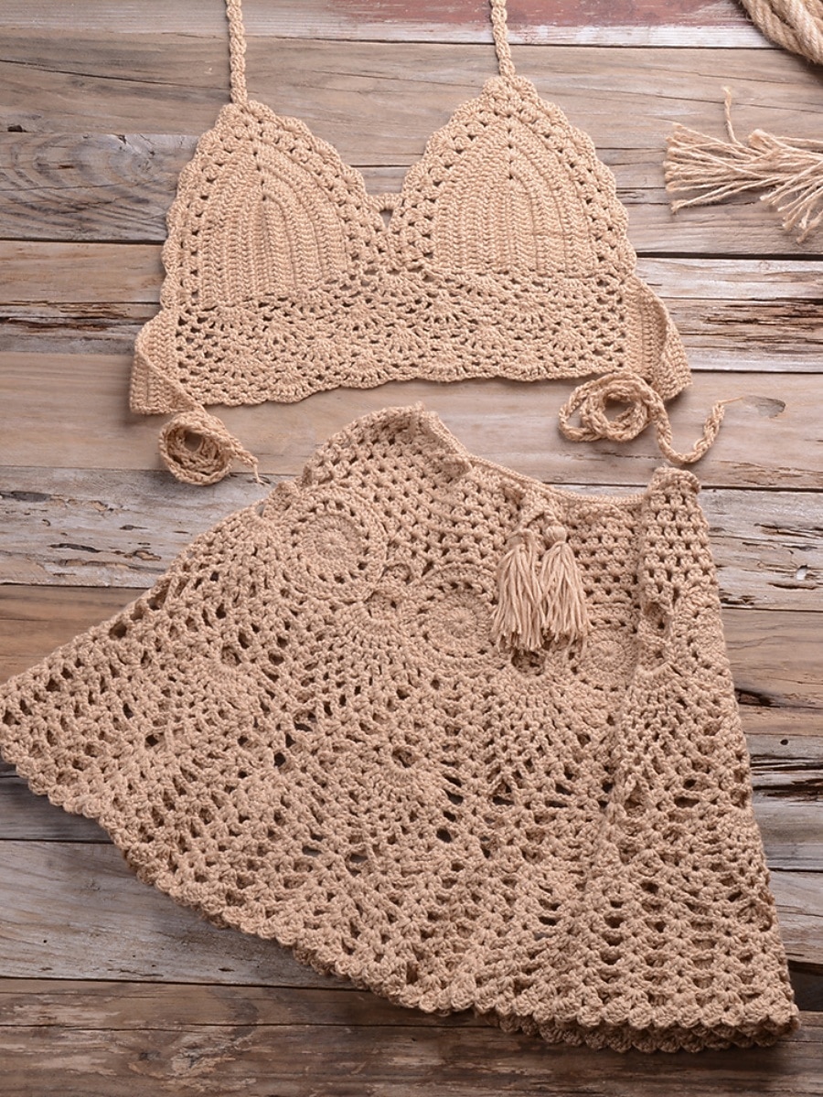 Damen Bikini 2-teiliges Badeanzug Rock Strick Rücklos Urlaub Strandbekleidung Einfarbiger Halter-Ausschnitt Ärmelloses Badeanzug 2026 - $41.99 –P10