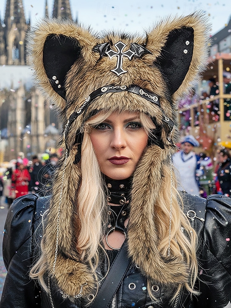 Dámská punková kožišinová čepice s kočkou na Mardi Gras v několika barvách trendy design s křížovými detaily perfektní pro karneval a maškarní plesy 2026 - $26.99 –P4