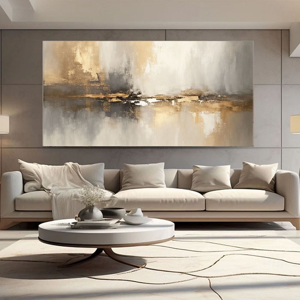 Pintura abstrata dourada de um lago, pintada à mão sobre tela, paisagem metálica moderna com textura, arte de parede para sala de estar em tons neutros de cinza e bege, decoração de luxo. de 2026 por $94.99 –P1