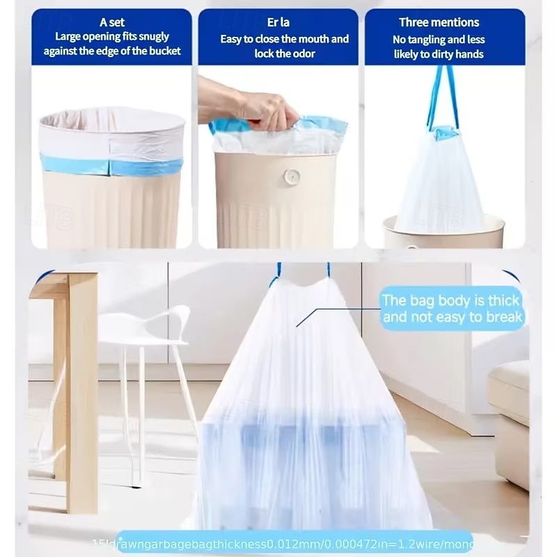 300 kpl erittäin paksuja kiristysnyörillä varustettuja roskapusseja, repeämättömät, hajuja estävät roskapussit, 4–15 gallonan (15–60 l) vakiokoko kotiin, toimistoon ja lemmikkien jätöksiin 2026 - $25.99 –P3