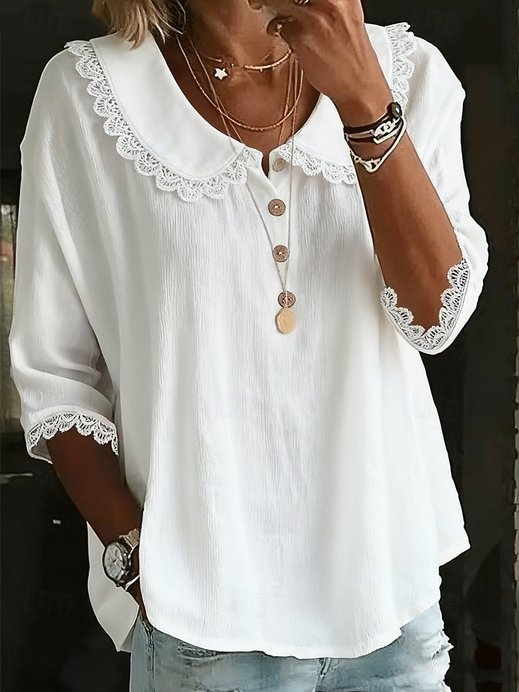 Per donna Camicia popover Camicia Estiva Camicia casual Blusa Bordo in pizzo Tinta unica Vacanza Elegante Casual Manica 3/4 Collo ripiegato Top Regolari Quotidiano All'aperto Ferie Blu Bianco Giallo del 2026 a $25.99 –P1