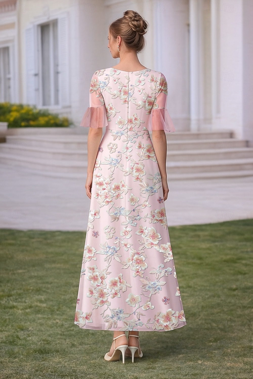 Corte A Vestidos Hasta el Suelo Hasta el Tobillo Bordado con cuentas Vestido de Fiesta Vestido Cóctel Vestido de Madrina Manga Corta Escote en Pico Elegante Vintage Formal Encaje Tul con Cuentas 2026 - $194.99 –P3