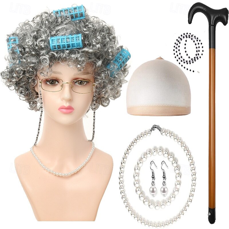 Peluca de anciana con rulos, collar de perlas, pendientes y bastón para mujeres y niñas, disfraz de abuela para cosplay de 100 días de escuela, accesorio para fiesta de Halloween 2026 - $27.99 –P3