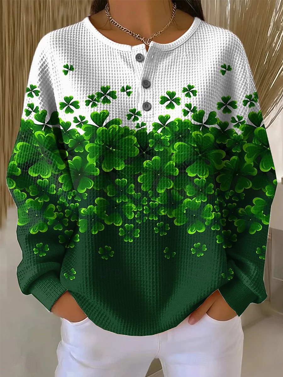 سويت شيرت نسائي من سانت باتريك بمناسبة يوم القديس باتريك برسومات شامروك، دافئ، كلاسيكي، غير رسمي، بأكمام طويلة، رقبة دائرية، أعلى عادي، ملابس يومية، طباعة أزرار، أخضر 2026 - $26.99 –P1