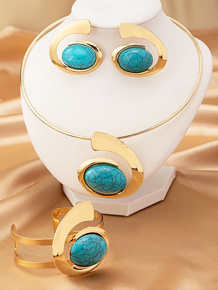 סט תכשיטי סגסוגת בוהמי לנשים עם אבני טורקיז - שרשרת, עגילים וצמיד, זמינים במגוון צבעים - מושלם לאירועים יומיומיים וחגיגיים 2026 - $14.99 –P4