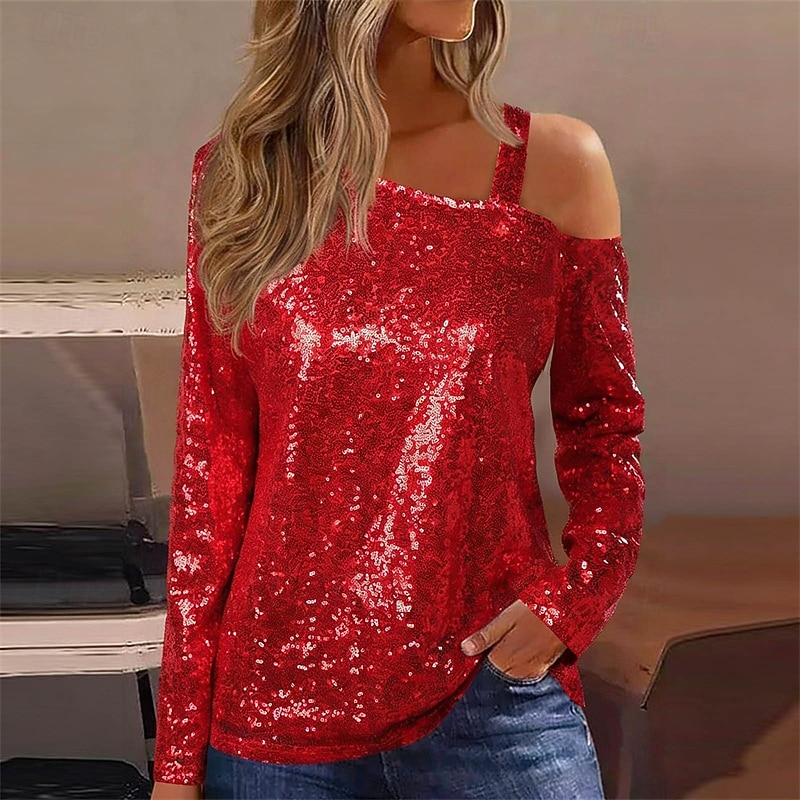 Damen Bluse Elegante Oberteile Pailletten-Oberteile Gerafft Pailletten Patchwork Einfarbig Einfach Elegant Vintage Stilvoll Langarm Asymmetrisch Normale Oberteile Täglich Arbeit Ausgehen Blau Schwarz 2026 - $12.99 –P7