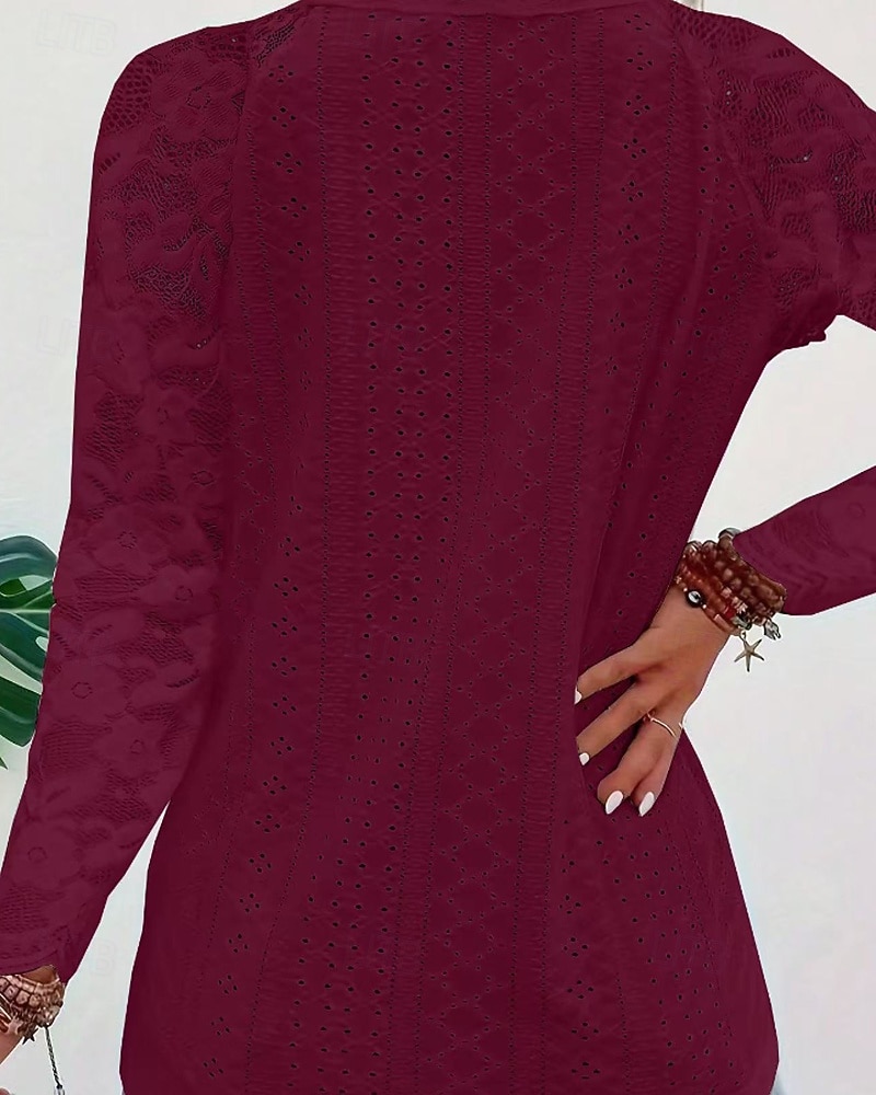 Mulheres Blusa Tops de renda Renda Patchwork Tecido Ativo à moda Manga Longa Decote V Tops regulares Diário Feriado Para Noite Branco Rosa Vinho Azul Claro Verão Primavera de 2026 por $21.99 –P11