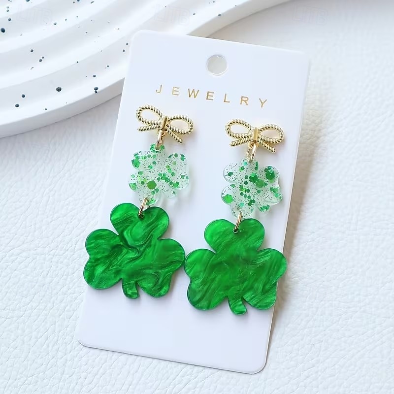 1 par de pendientes del Día de San Patricio, pendientes de trébol estrellado de acrílico verde con elegantes lazos, elegantes joyas colgantes para fiestas navideñas. 2026 - $9.99 –P1