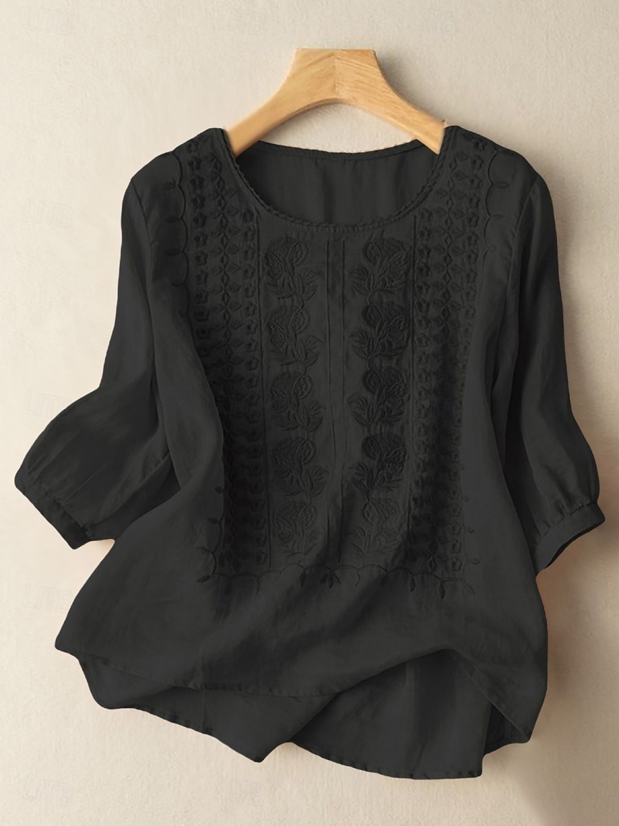Mulheres Blusa Linho de algodão sintético Bordado Floral à moda Casual Manga 3/4 Gola Redonda Tops regulares Diário Azul Preto Rosa Verde Verão Primavera de 2026 por $21.99 –P6