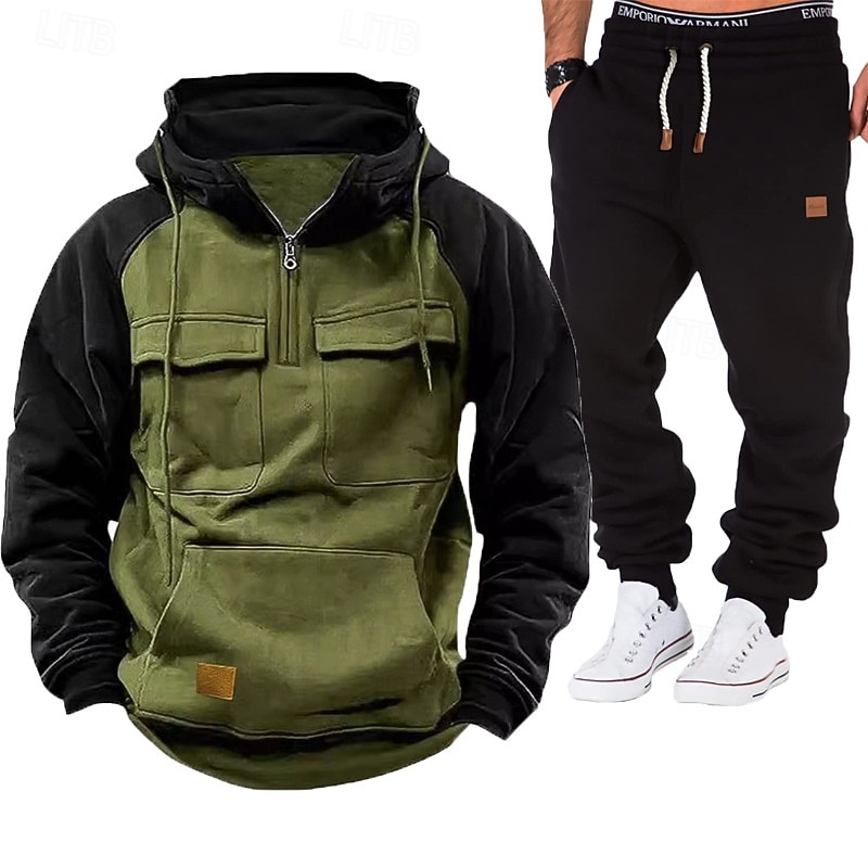 Homens Moletom Moletom com capuz e calças Conjunto Capuz Diário Ao ar livre Férias Roupa Diária Patchwork Bolsos Half Zip Bloco de cor Azul Vermelho Vinho Preto Roupas Esportivas Esportes Moda Outono de 2026 por $54.99 –P1
