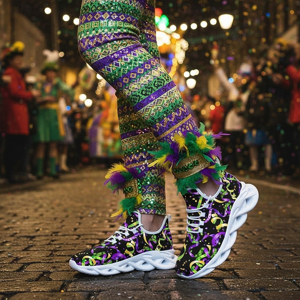 Women's Mardi Gras Confetti Print Lace-Up Athletic Sneakers - Cushioned Comfort Festive Shoes for Carnival Parades, Street Celebrations, Daily Errands & Summer Outdoor Activities 2026 - $42.99 –P4