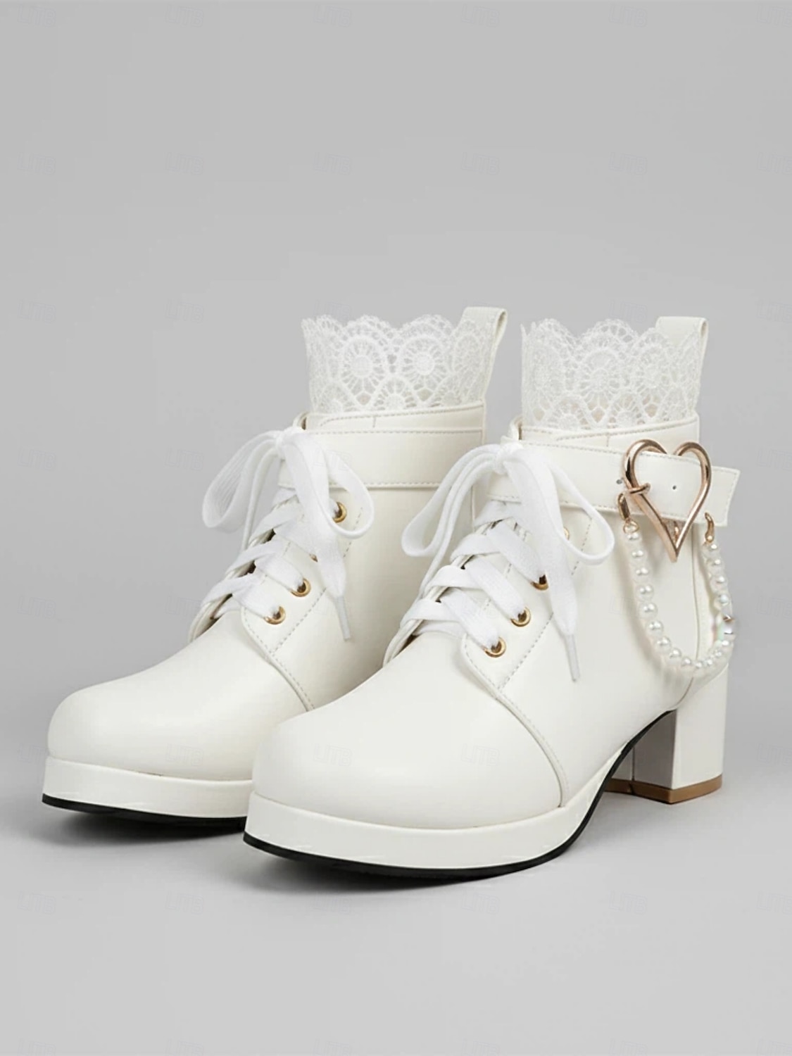 Women's White Bridal Ankle Boots – Lace-Up Wedding Shoes with Heart and Pearl Decoration, Chunky Heel for Vintage-Inspired Brides 2026 - E£3547.21 –P2