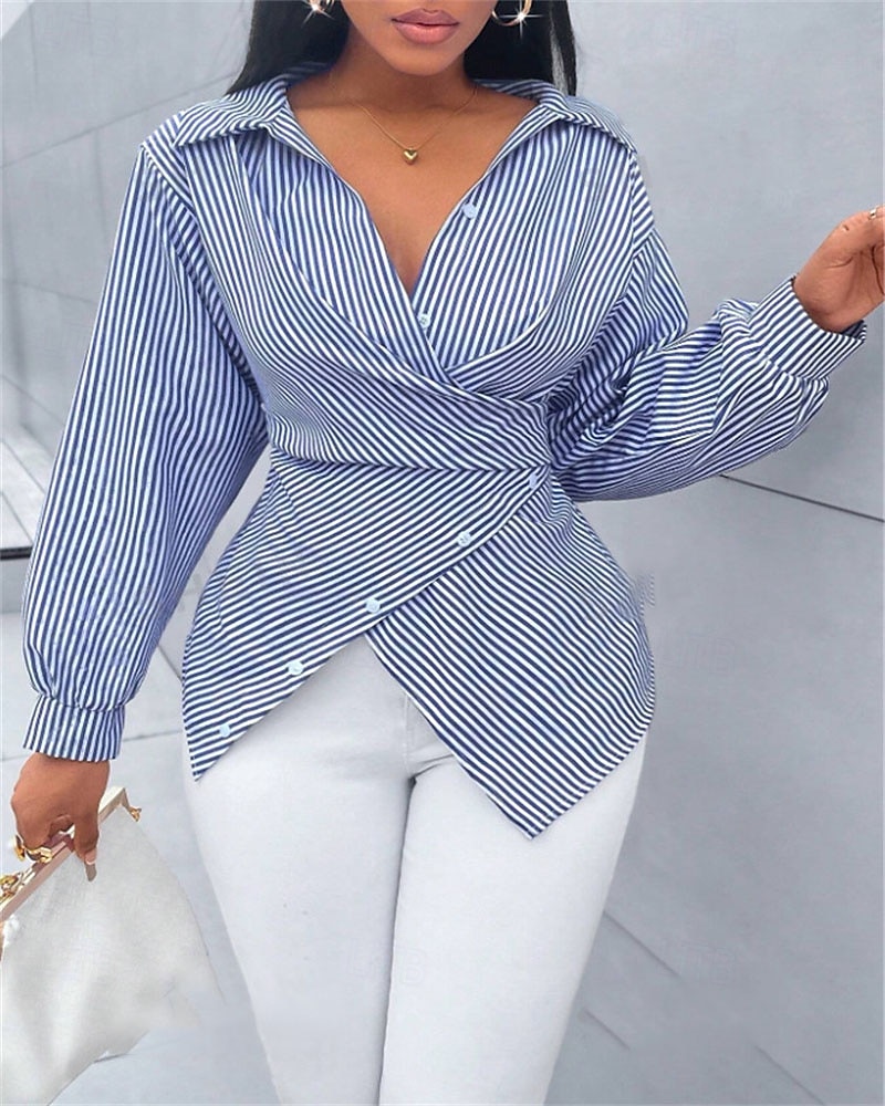 Damen Bluse Elegante Oberteile Gerafft Knöpfe Druck Einfach Gestreift Elegant Vintage Täglich Langarm Hemdkragen Normale Oberteile Täglich Arbeit Ferien Schwarz Rosa Himmelblau Grün Sommer Frühling 2026 - $31.99 –P1