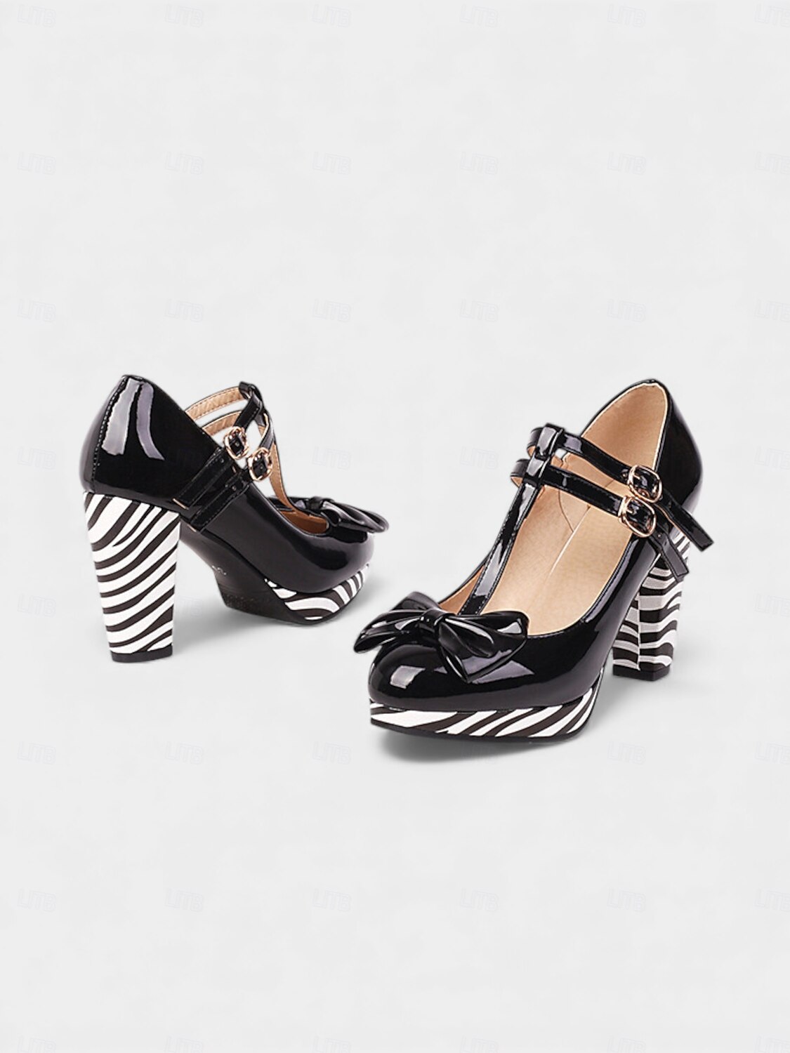 Sapatos Elegantes de Salto Chunky com Fivela em Laço de Carnaval Diário Femininos de Mardi Gras em Preto Branco e Amarelo com Bico Redondo de 2026 por $59.99 –P6