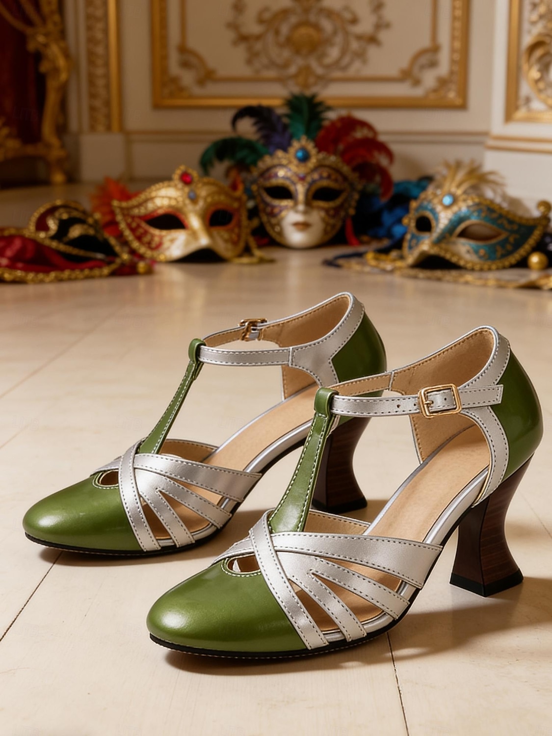 Tacchi T-Strap vintage verdi e argento da donna per il Mardi Gras – Perfetti per balli in maschera eventi festivi e feste a tema del 2026 a $46.99 –P4