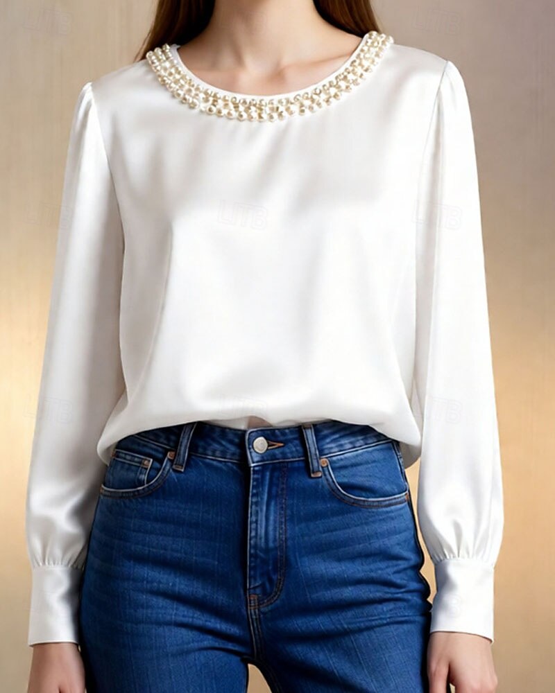 Mulheres Blusa Tops elegantes Franzido Patchwork Com Miçangas Côr Sólida Tecido Elegante senhoras à moda Manga Longa Gola Redonda Tops regulares Diário Trabalho Para Noite Preto Branco Verde Damasco de 2026 por $26.99 –P3