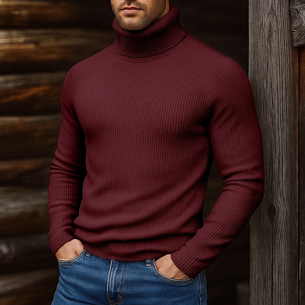 Men's Turtleneck Sweater Pullover Sweater Jumper Cropped Sweater Ribbed Knit Regular Tops Knit Plain Turtleneck Modern Contemporary Casual Casual Work Clothing Apparel Fall Winter Wine Black S M L 2026 - $22.99 –P8