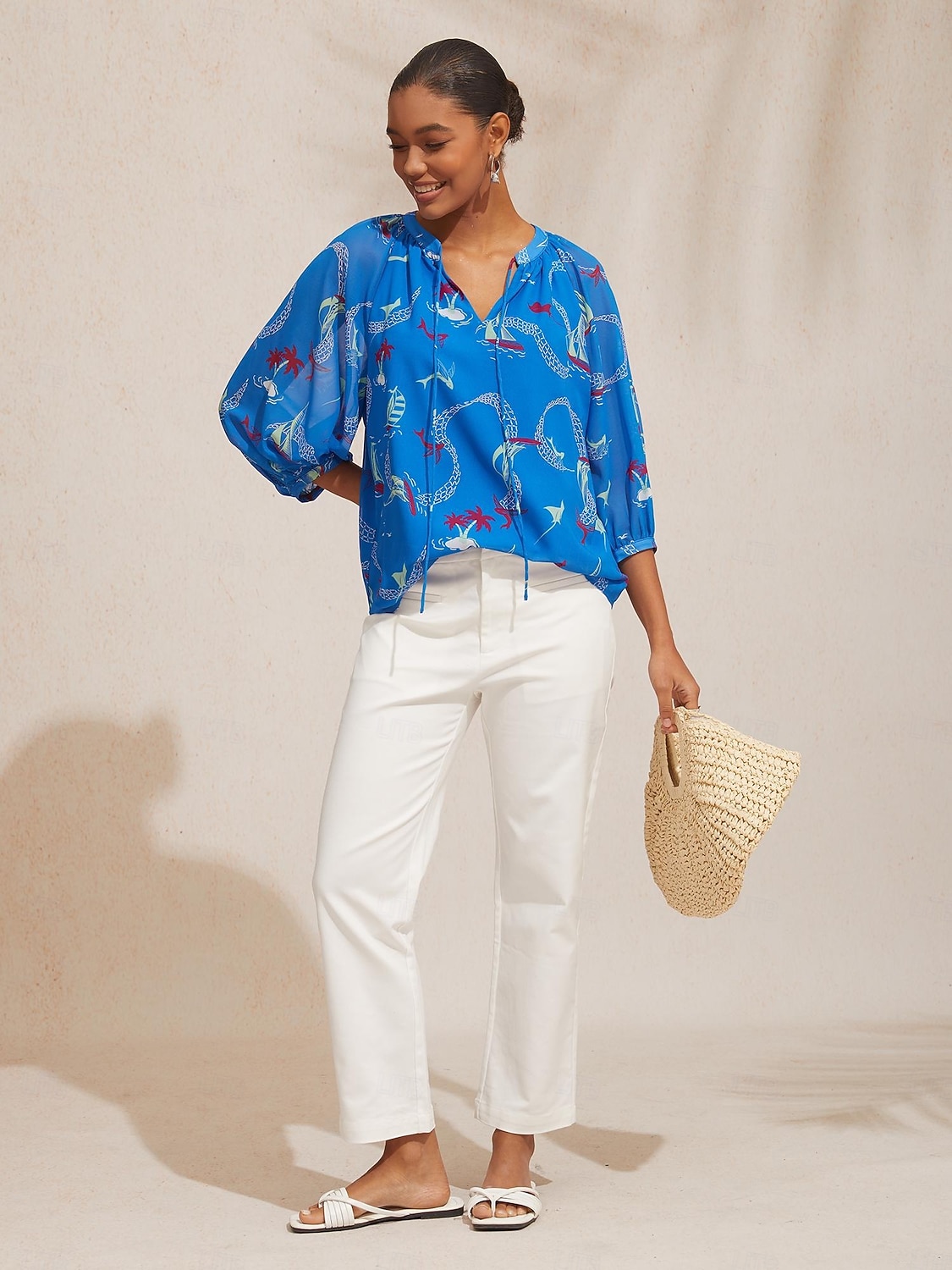 2026年 バケーション オーシャン エレメント プリント ルーズ シフォン ショート トップス  コレクション – $18.99 –P3