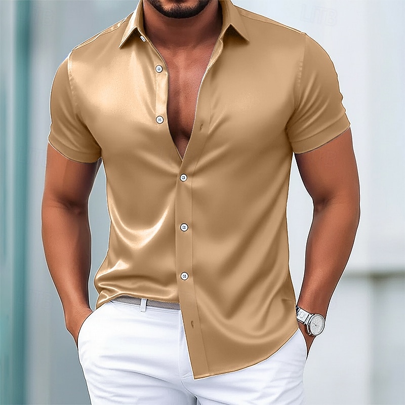 Hombre Camisa para Vestido Camisa de satén de seda Color sólido Diario Exterior Bleu Ciel Negro Blanco Vino Manga Corta Cuello Vuelto Verano Primavera Ropa Puro 2026 - $10.99 –P3