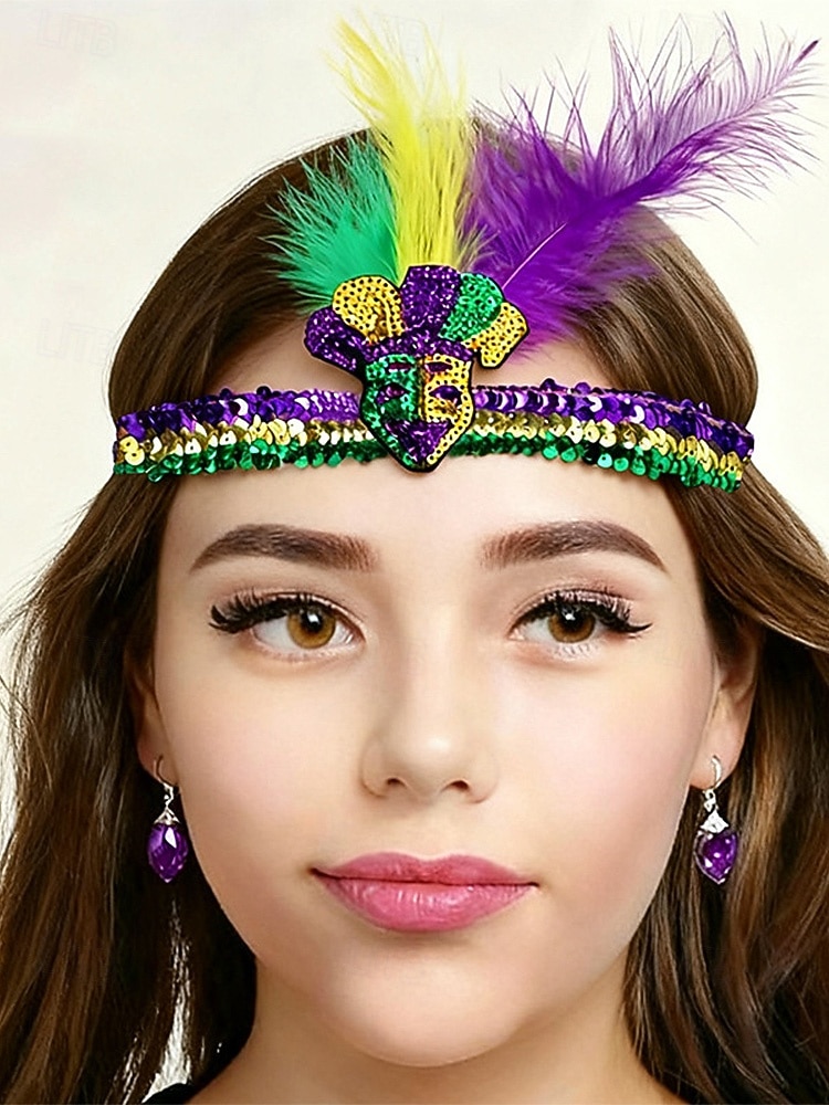 Dámská souprava masky a čelenky na karneval Mardi Gras z polyesteru s flitry – živé barvy s peřím ideální pro karneval a maškarní večírky 2026 - $9.99 –P3