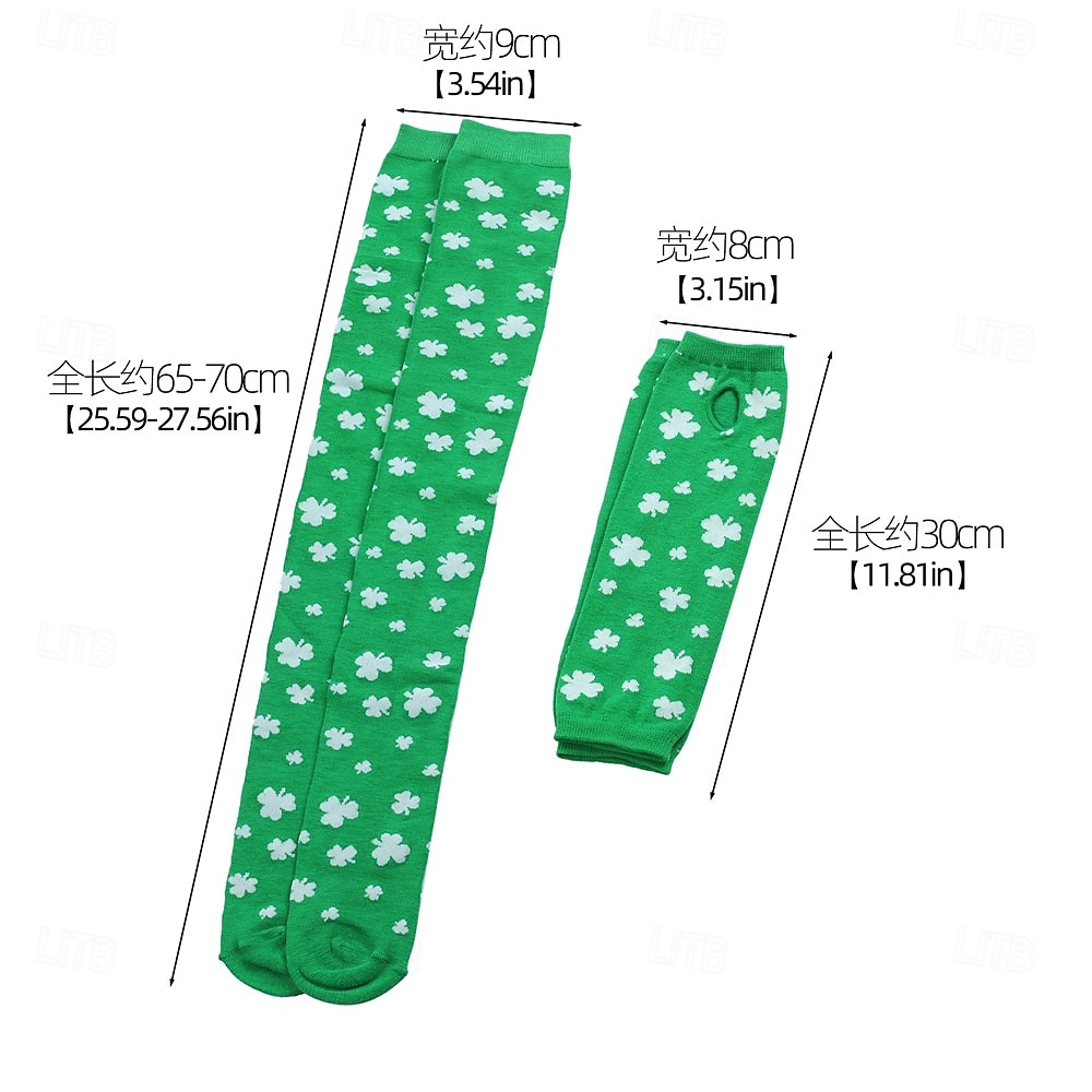 dámská ponožka ke Dni svatého Patrika &sada návleků na ruce, 4dílné podkolenky s potiskem trojlístku a rukavice bez prstů, sváteční doplňky v irsko zelené barvě pro ženy &holky, ideální pro průvody ke 2026 - $19.99 –P1