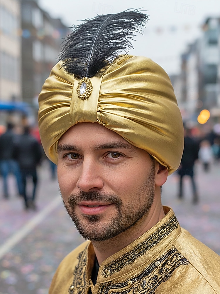 Pánský zlatý metalický polyesterový klobouk na Mardi Gras s peřím a broží - princ sultán nebo arabská pokrývka hlavy pro karneval a maškarní akce 2026 - $14.99 –P1