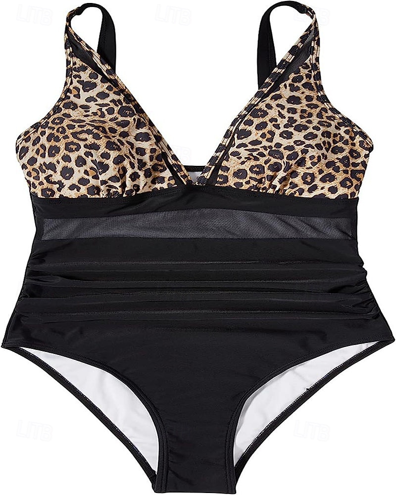 Damen Badeanzug Einteiler Bikini Shorts Bademode Netz Rückenfrei Urlaub Strandbekleidung Leopard Blätter V Ausschnitt Ärmellos Badeanzüge 2026 - $21.99 –P6