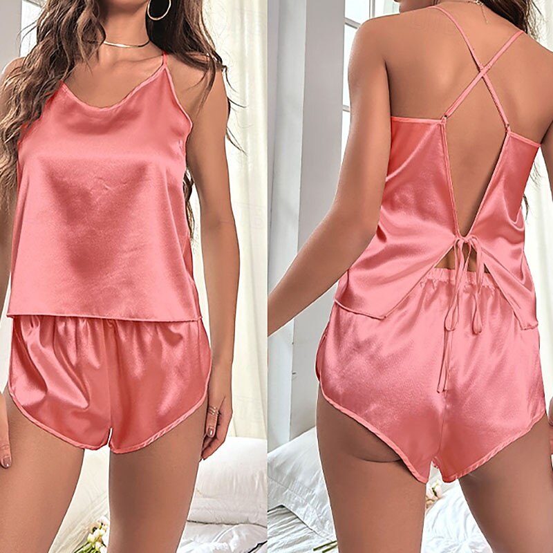 Women's Loungewear Pajama Set Fashion Casual Soft Pure Color Patchwork Backless Shorts Home Vacation Sleeveless V Neck Black White Champagne Light Green Pink Summer Spring Fall Regular Fit 2026 - $22.99 –P2
