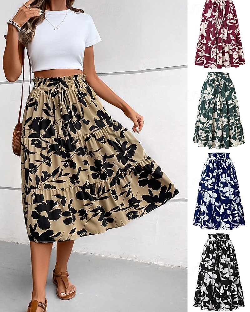 Damskie Elegancja Moda Codzienny Midi Wysoka talia Spódnice Kwiatowy Ściągana na sznurek Nadruk Średnio elastyczny Codzienny Ulica Granatowy Czerwone wino Czarny Zielony Lato 2026 - $22.99 –P1