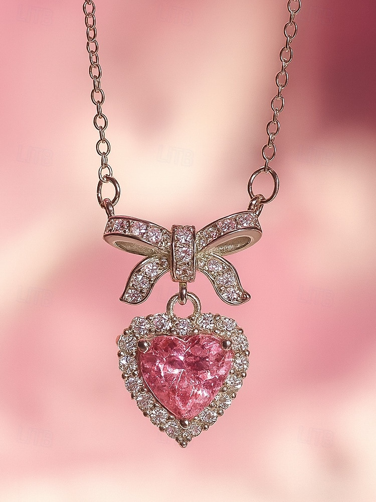 damski naszyjnik ze stopu metali w kształcie serca z kokardką, dostępny w kolorze białym i różowym, idealny na Walentynki 2026 - $11.99 –P5