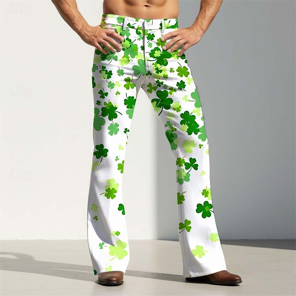 St. Patrick's Day Men's Four Leaf Clover Tartan Shamrock Trousers Disco Pants 60s 70s Bell Bottoms Mid Waist Vintage Retro Holiday Side Pockets Flared Leg Pants Trousers Summer Spring 3D Print White 2026 - $29.99 –P4
